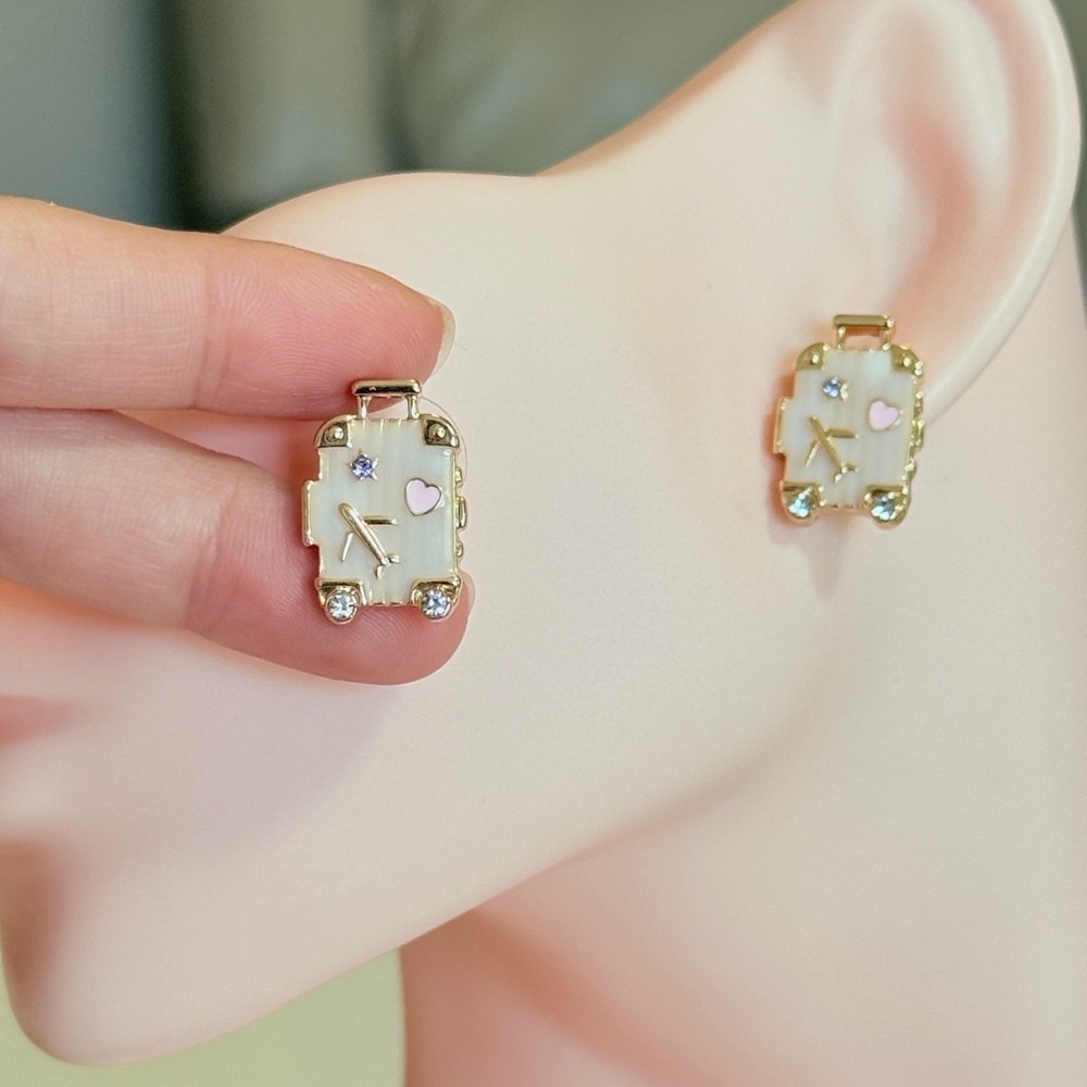 Suitcase Gold and Pink Stud Earrings - Picture 8 of 11